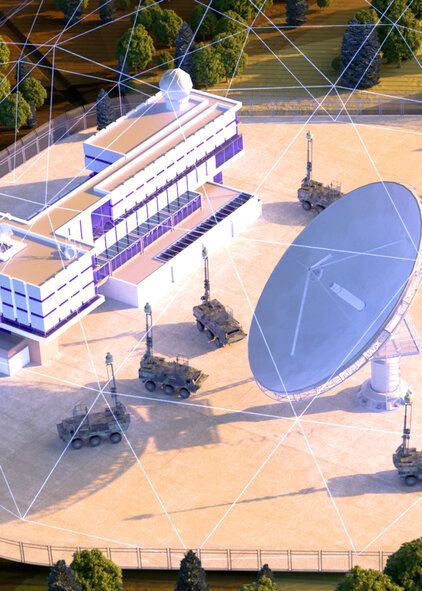 Eine animierte Darstellung des Bereiches "IT" zu sehen ist eine Satelitenschüssel und ein Gebäude. 